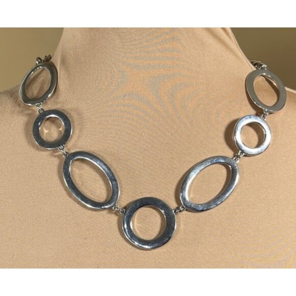 VTG Silver Tone Statement Necklace Open Circle Oval Statement Chunky - Picture 1 of 3